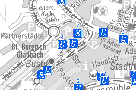 Alle öffentlichen Behindertentoiletten sind im Geoportal der Stadt Bergisch Gladbach verzeichnet.