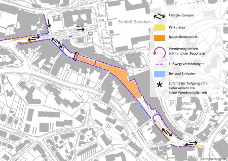 Baustelle zum Umbau der Schloßstraße rückt in nächsten Bauabschnitt zwischen Wendehammer und Schlossgalerie vor