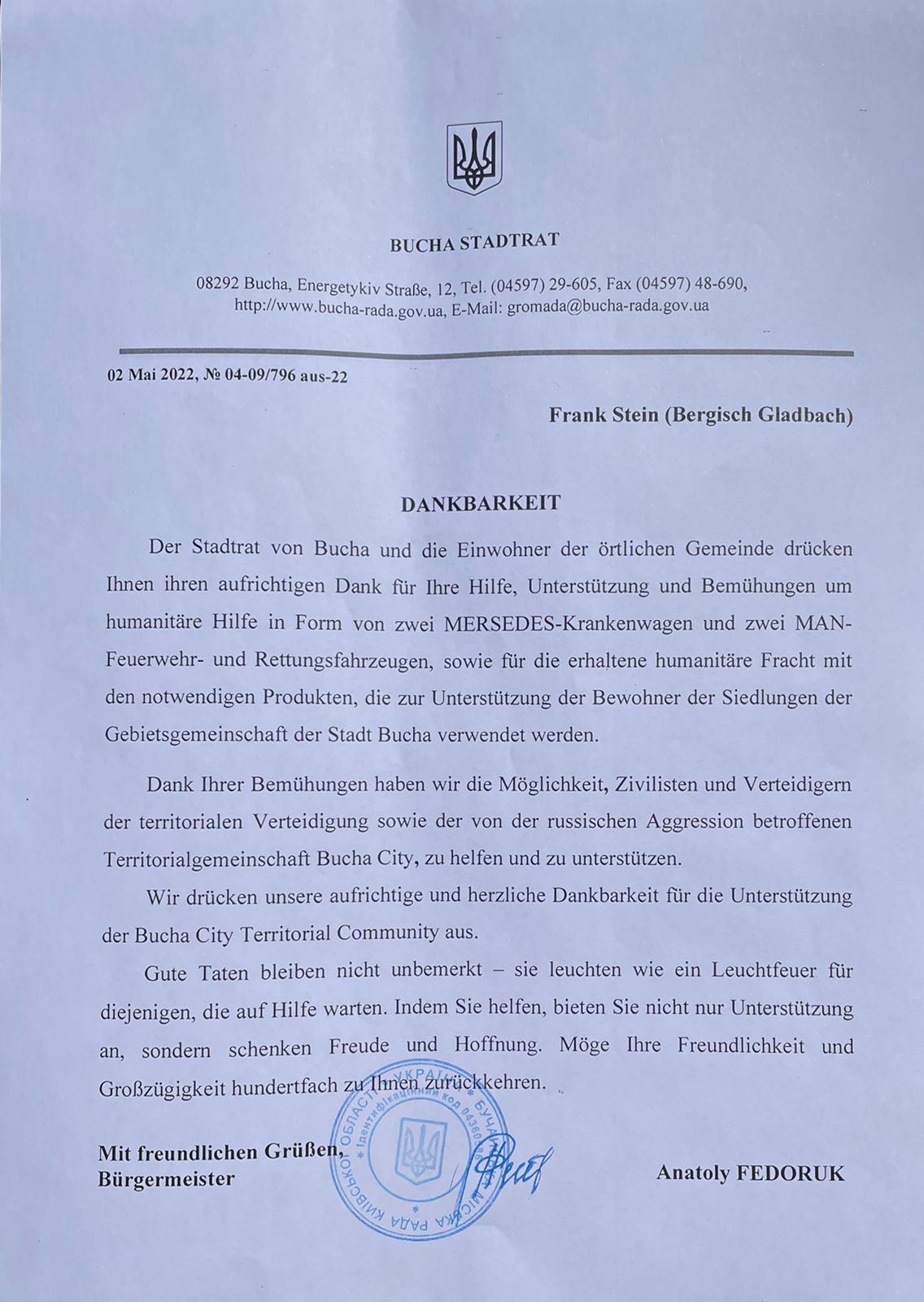 Großer Dank aus Butscha für Bergisch Gladbacher Hilfsgüter