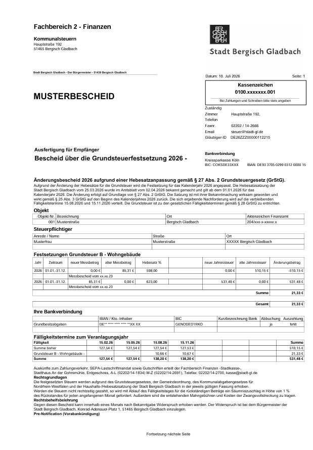 Anpassung der Grundsteuer B und Gewerbesteuer – Rückwirkende Jahressteuerbescheide werden im Juli versandt