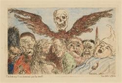 James Ensor, Die Todsünden vom Tode beherrscht, 1904, Radierung, handkoloriert, 8,4 x 13,4 cm, Sammlung Quinensor, Ostende, Foto: Steven Decroos